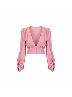 Signature8 Pink Deep V Crop Blouse with Puff Sleeves